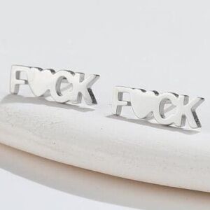 NEW “F*ck” Silver Statement Earrings Heart Stud Earrings Funny Novelty Glam Punk